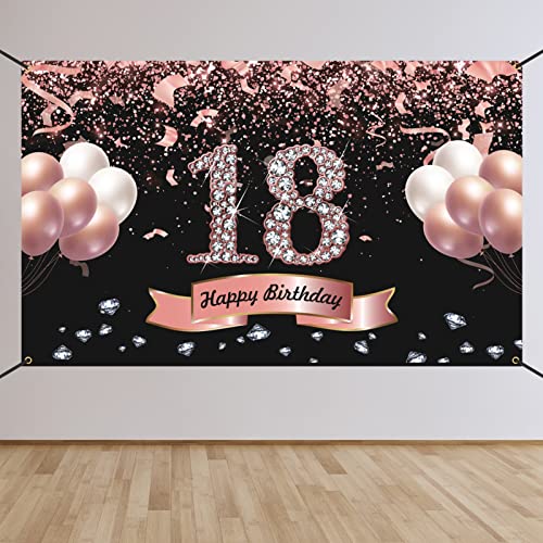Trgowaul 18th Birthday Decorations for Girls - Rose Gold 18th Birthday Backdrop for her 5.9 X 3.6 Fts 18th Birthday Party Suppiles Photography Supplies Background Happy 18th Birthday Banner
