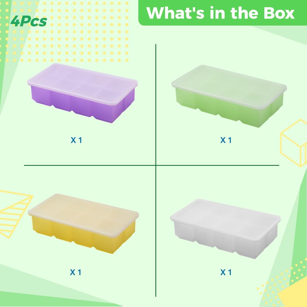 Lot de 4 grands bacs à glaçons, moules carrés en silicone empilables avec couvercles amovibles, démoulage facile, pour whisky, cocktails, vodka, tequila, desserts glacés et soupes