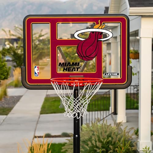 Image of Lifetime NBA Miami Heat Portable Basketball Hoop, Adjustable Height 7.5-10 Ft, 44 Inch Shatterproof Fusion Backboard, Base with Wheels