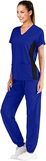 Minty Mint Scrubs for Women Set V Neck Stretch Medical Uniform Women Scrub Set w Side Panels Dentist Medical Profession Doctor EMT Nurse Veterinarian Indigo Royal Blue S