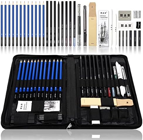 H & B Drawing Pencils Set, 40-Piece Sketch Pencils and Drawing Kit Complete Artist Kit Includes Graphite Pencils, Pastel Pencils, Sharpener & Eraser, Professional Sketching Pencils Set for Drawing