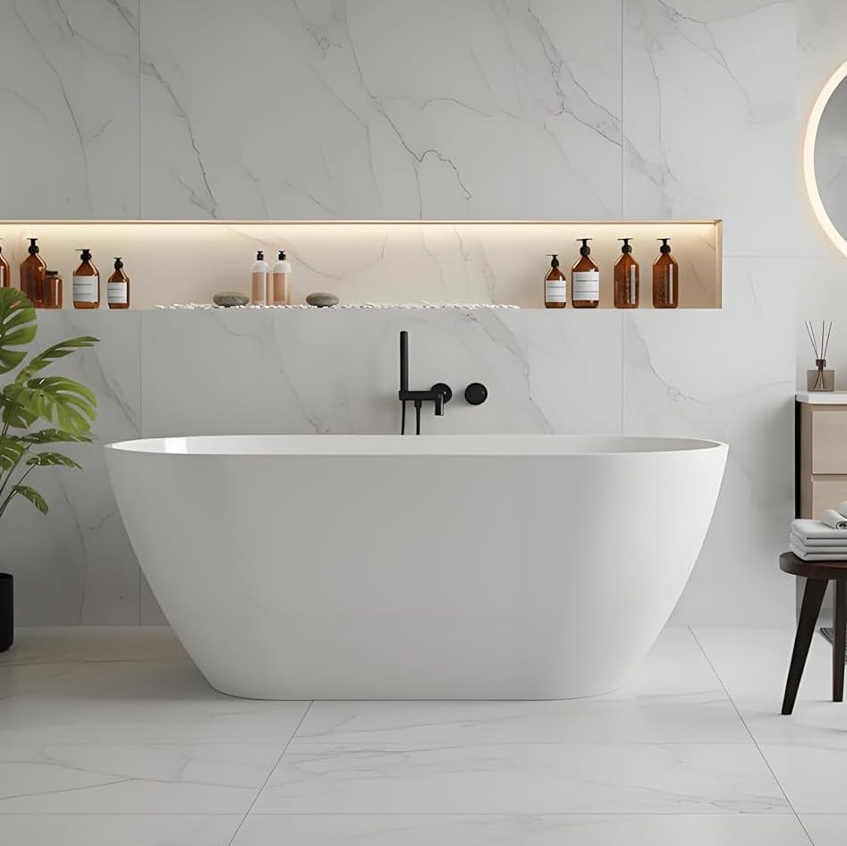 Image of GarveeLife 59 Inch Freestanding Bathtubs, Acrylic Free Standing Bath Tub, Luxury Soaking Freestanding Bathtub with Integrated Overflow for Contemporary Bathroom