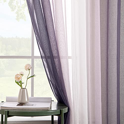 EMEMA Voile Curtain Two-Tone Curtain with Eyelets Transparent Curtain Eyelet Curtain Window Curtain Translucent for Bedroom Set of 2 140 x 175 cm Purple - Image 2