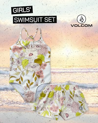 Image of Volcom Girls' Swimsuit Set - UPF50+ Quick-Dry Girls One Piece Swimsuits with Matching Swim Shorts for Swimming (Sizes: 2T-16)