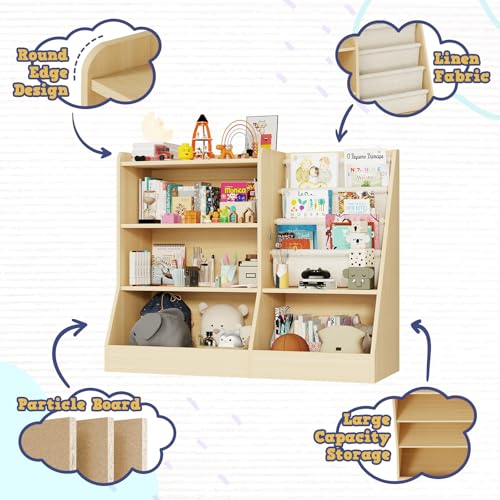 39" Large Kids Wooden Bookshelf and Toy Storage Organizer, Baby Bookcase with Sling Book Rack, Children Toddler Wooden Book Shelf for kids rooms, Playroom, Classroom, Nursery, School (Natural) - Image 4