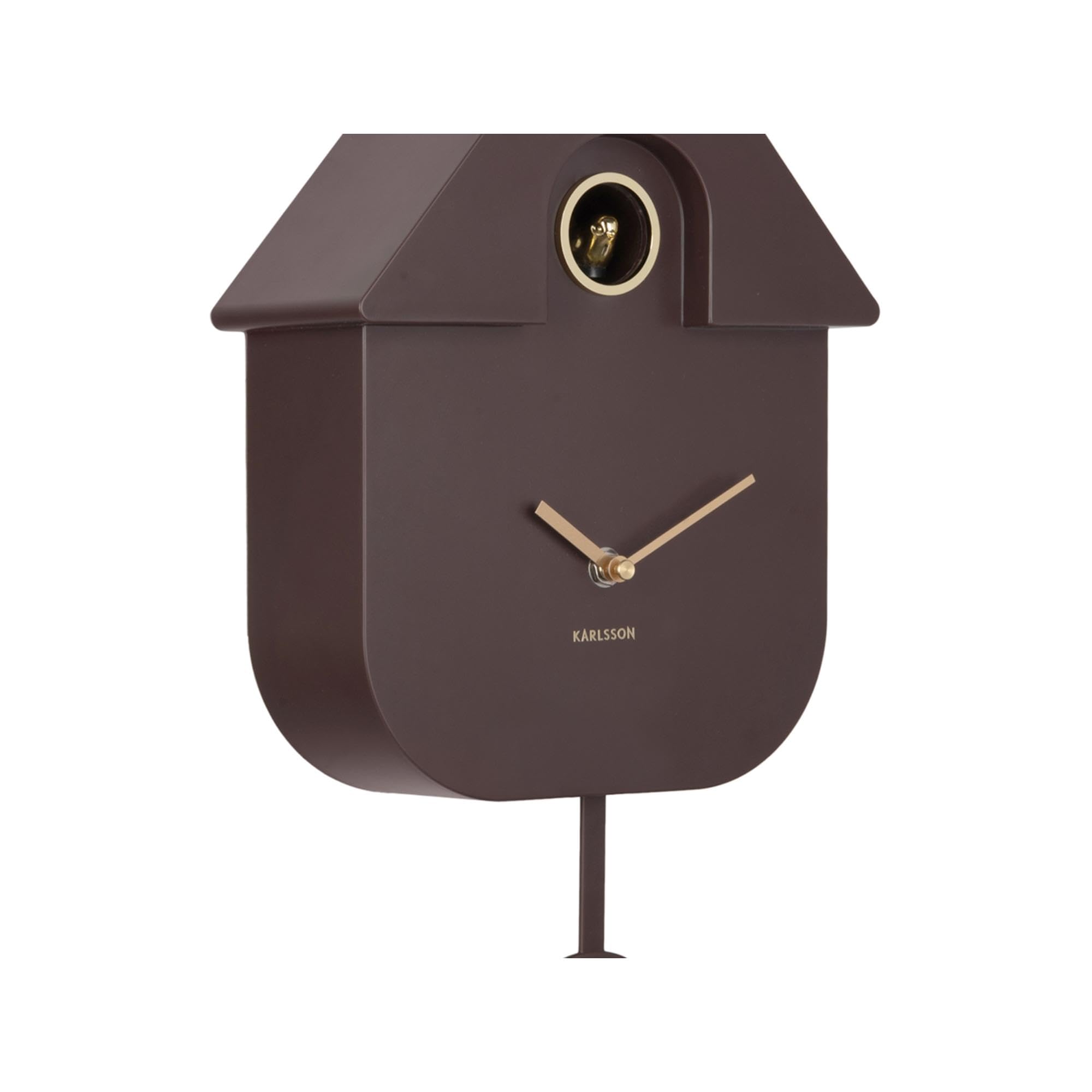 Karlsson Reloj de pared moderno de cuco dorado en color marrón tierra, con detalles dorados, función de cuco cada hora y péndulo, funciona con pilas