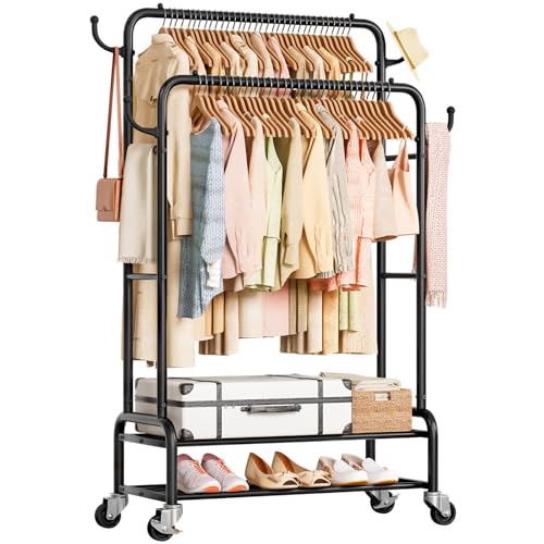 YORBAY Burro para Ropa Perchero con ruedas: Metálico para cargas pesadas - 2 barras para ropa 4 ganchos 2 capas hasta 120 kg - Multifuncional estante estable con Soporte para Zapatos