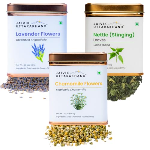 Image of Jaivik Uttarakhand - Herbal Tea Gift Pack (3 Count, 56.7g) Nettle Leaf, Chamomile, Lavender Buds in Tin Can