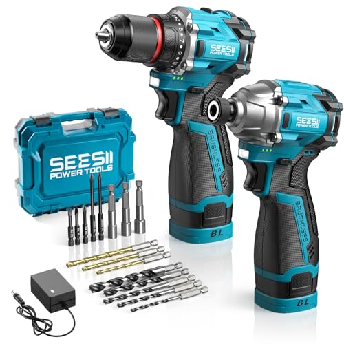 SEESII Cordless Drill Impact Driver 16.8V Brushless Power Tool Combo Kits 2x 2.0Ah Batteries w/Charger, 16-Pc Bits, Tool Bag, 3/8'' Drill & 1/4'' Impact Driver for Home DIY, Woodworking (Blu