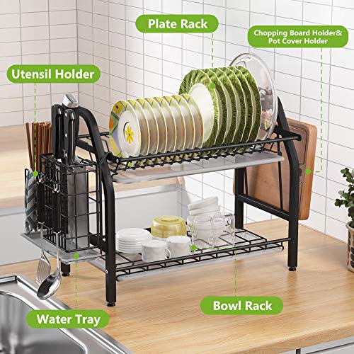 Dish Drying Rack, 1Easylife 2 Tier Dish Rack Stainless Steel with Utensil Knife Holder and Cutting Board Holder Dish Drainer with Removable Drain Board for Kitchen Counter Organizer Storage Black