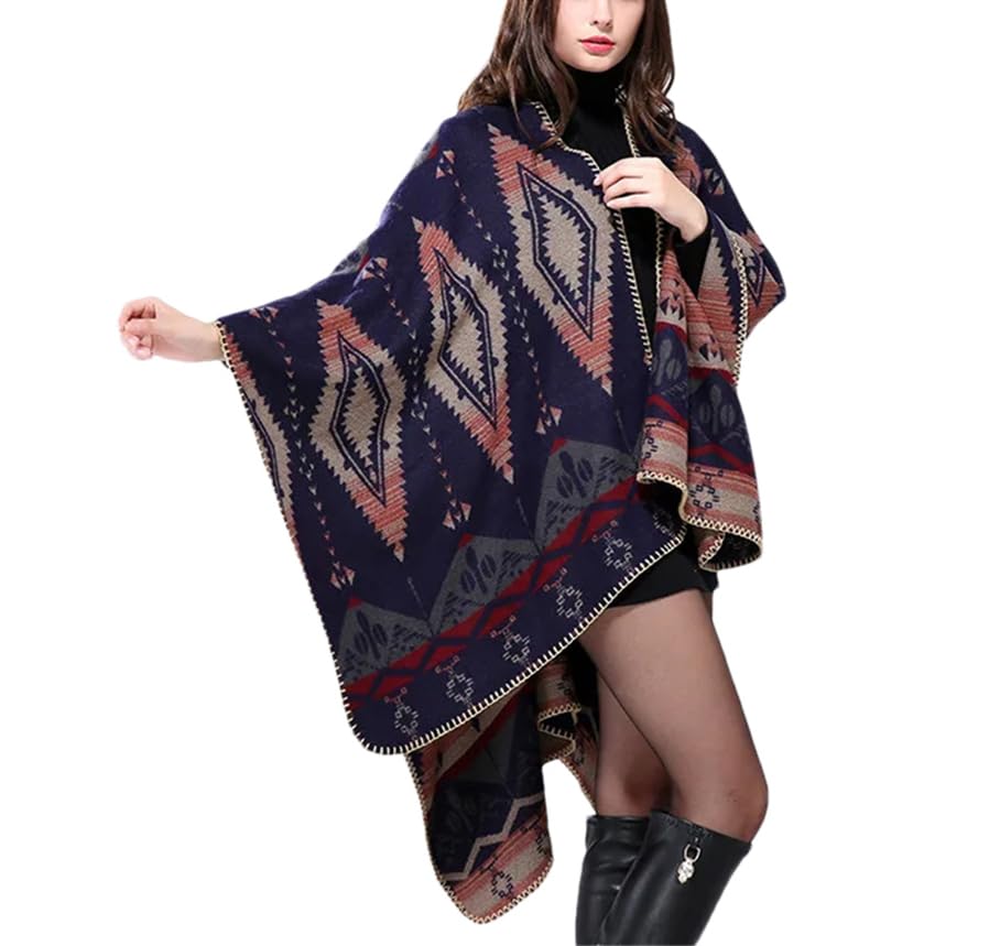 Dninmim Suéter de punto estampado para mujer, poncho para otoño e invierno, casual, cálido, chales y bufandas
