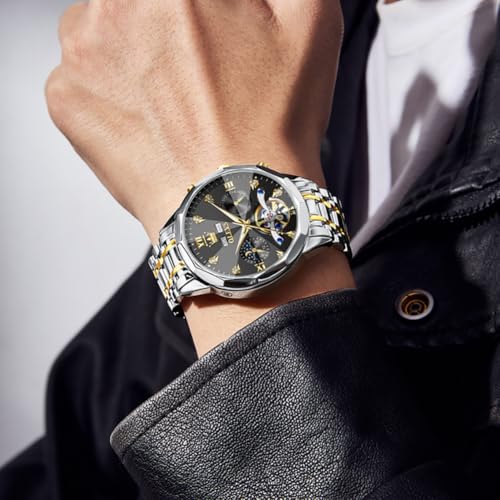 Image of OLEVS Automatic Men Watch Self Winding Mechanical Moon Phase Business Luxury Diamond Dress Stainless Steel Waterproof Luminous Mens Wrist Watch