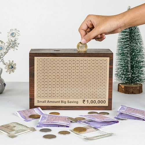 Unbreakable Wooden Money Saving Box for Adults – 1 Lakh Capacity | Reusable Piggy Bank | Money Bank with Amount 100000 | One Lakh Gullak, Kidddy Bank for Kids, Men, Women, Girls, Boys | 1 Yr Warranty