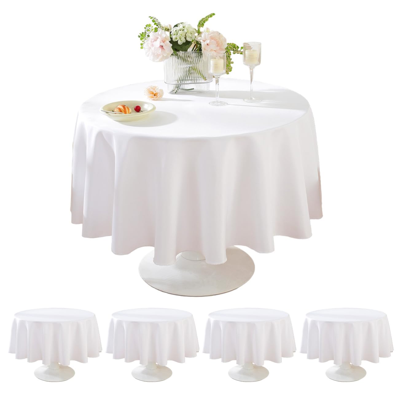Craft And Party 5 Pack Round Tablecloth 90 Inch White Tablecloth, Polyester Fabric Washable Table Cloth for Home, Party, Wedding or Restaurant Use.