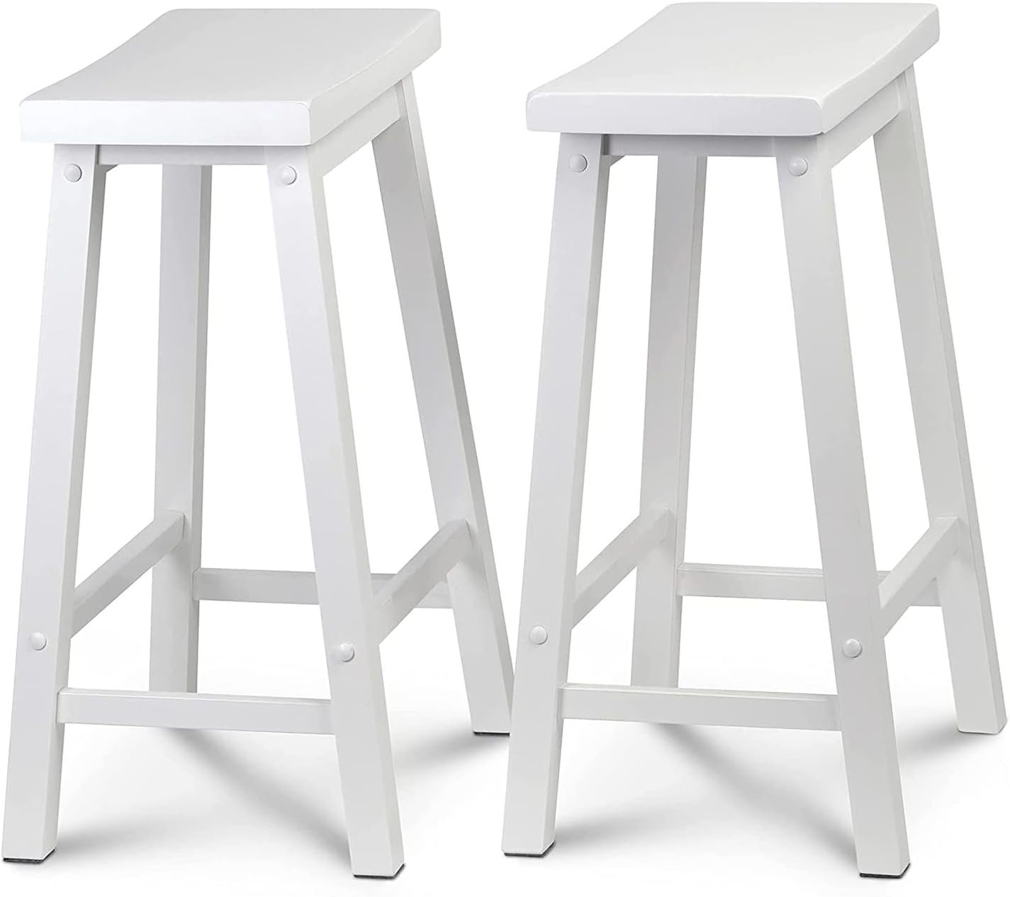 PJ Wood 24 Inch Tall Easy Assemble Backless Solid Wood Saddle Seat Kitchen Counter Stool with Classic and Modern Design, White (Set of 2)