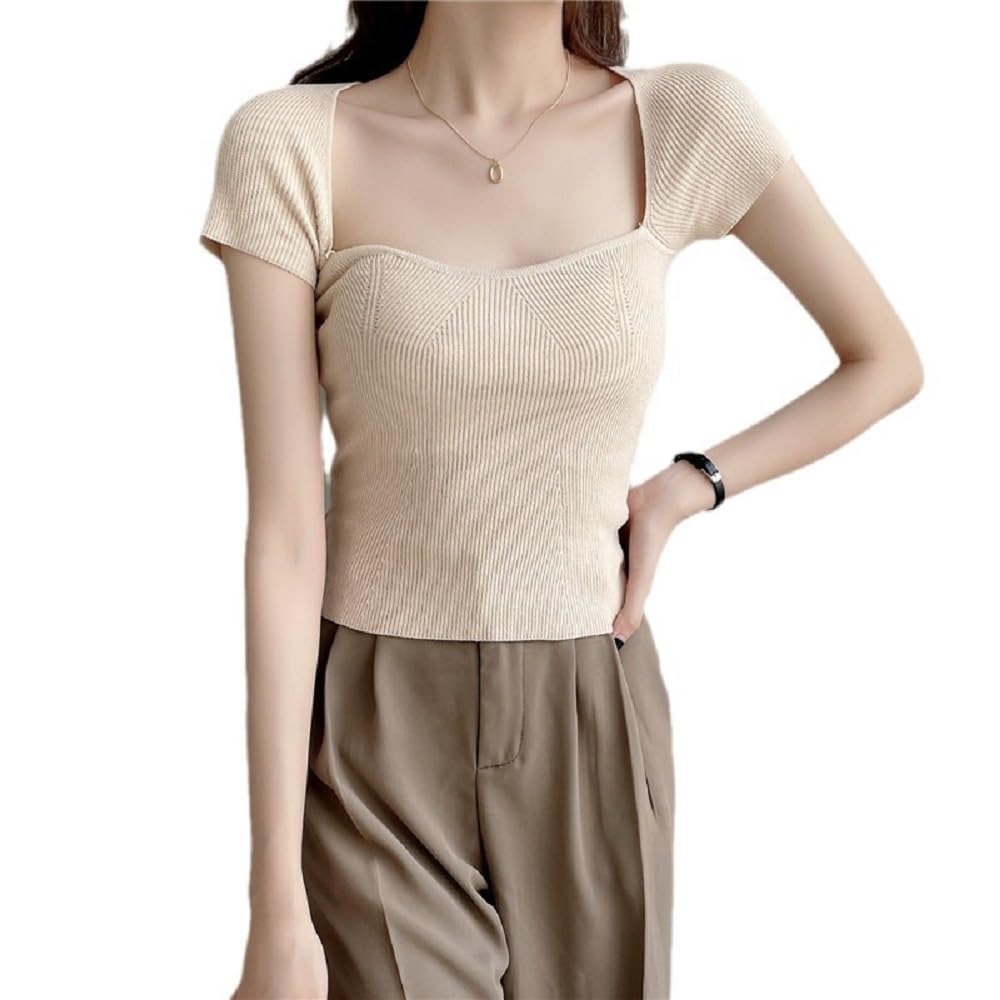 Womens Crop Tops Women's Short Sleeve Crop Top Womens Basic Slim fit Crop Top Short Sleeve T Shirts (beige, M)
