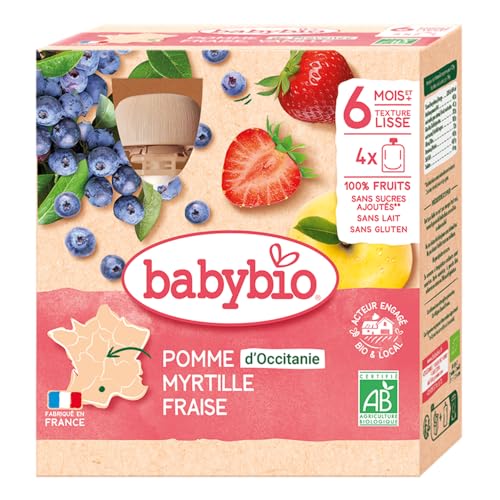 Babybio - Gourdes Fruits - Pomme Myrtille Fraise 4x90 g - 6+ Mois - BIO
