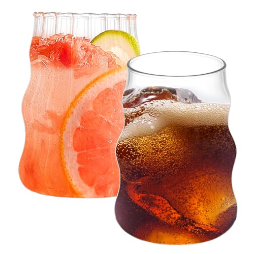 LCZNXJJY Copos de bebida Highball de 500 ml, copos de vidro grandes e altos com canudos, copos altos com listras verticais, copo de vidro criativo para coquetéis de suco de cerveja aquática (2)