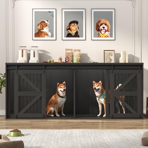 87In Farmhouse Dog Crate TV Stand, Wooden Dog Kennel Furniture with Sliding Metal Mesh Barn Door, Large Dog Crate Furniture for 2 Dogs, Solid Metal Tube & 2 Lockable Doors, Black