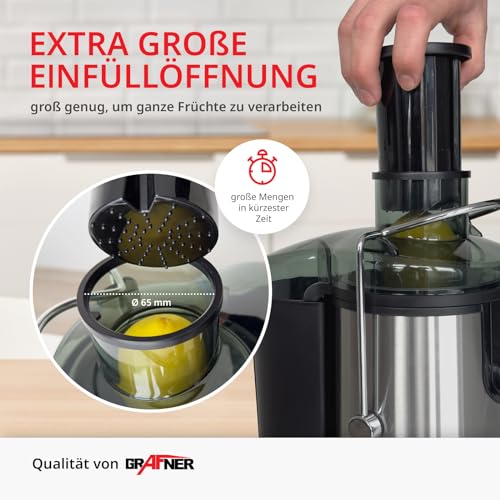 Grafner Express Entsafter für Obst und Gemüse, 400 Watt, 3 Geschwindigkeitsstufen, großer Einfüllschacht 65mm, 450ml Auffangbehälter, vitaminreiche Säfte, Edelstahl elektrische Saftpresse Juicer – Bild 3
