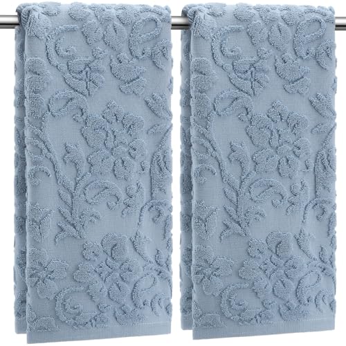 SmoothNovelty 2 Pcs Quality Floral Jacquard Hand Towels Set for Bathroom Blue Hand Towels 100% Cotton Absorbent Decorative Weave Bath Decor Neutral Bathroom Decor Gift 13.7 x 29.5 Inch