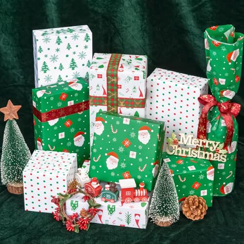 Image of Larcenciel Christmas Tissue Paper - 60 Vintage Green & Red Sheets, Santa Snowflakes Xmas Wrapping Paper for Gift Bags, Gift Wrap, Crafts, Party Decor - 20x14in