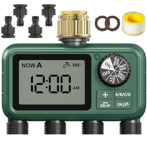 Programmateur Arrosage 4 Voies avec Entrée en Laiton, Grand écran LCD, Arrosage Automatique pour Jardin, D'irrigation Programmable, Utilisation Simple,...