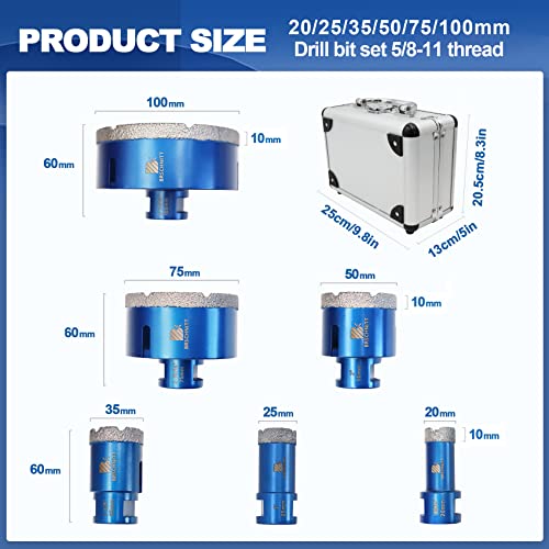 Diamond Core Drill Bit Set - Brschnitt Diamond Hole Saw Kit For Drilling Porcelain Tile Ceramic Marble Granite,6Pcs Diamond Drill Bits With 5/8-11 Thread 4/5" 1" 1-1/4" 2" 3" 4"（20 25 35 50 75 100Mm） #TOP1