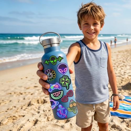 Image of AIRNOGO Water Bottle Stickers 200 Pcs Cool Neon Sticker Pack, Prizes for Kids Classroom, Waterproof Vinyl Stickers for Water Bottles Laptop Skateboard Journal Scrapbooking Luggage Tumbler etc