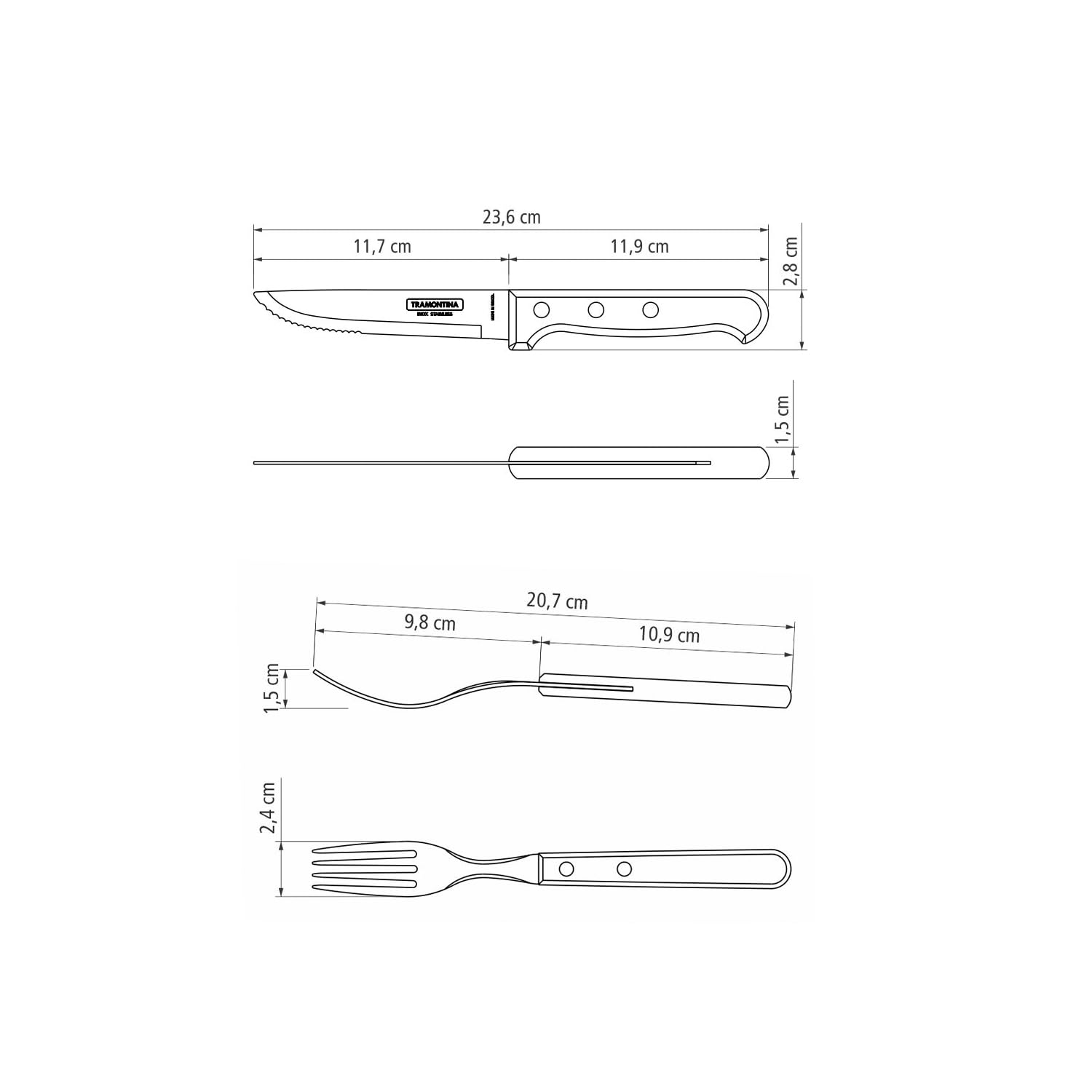 Tramontina Set di 4 posate da bistecca Gaucho, con 2 coltelli da bistecca e 2 forchette da bistecca, in acciaio inox, manico in vero legno, FSC