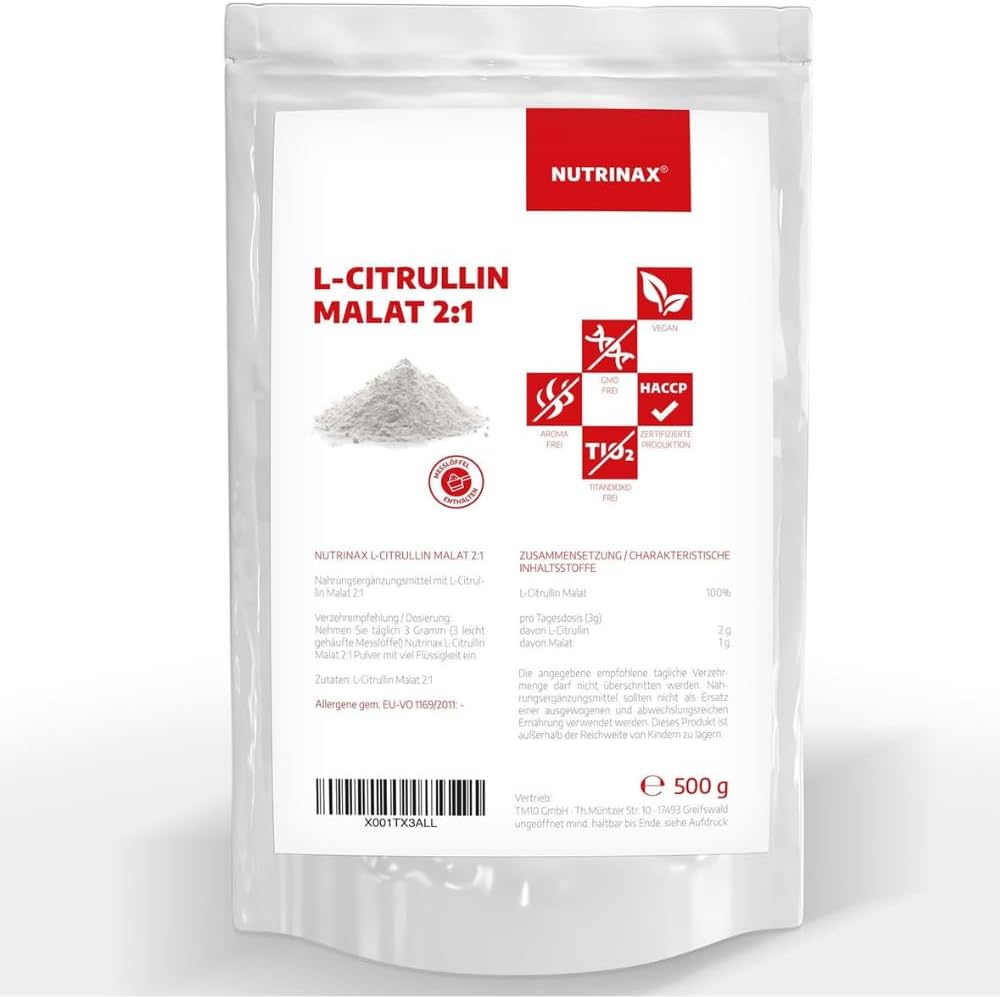 L-citrulline malaat 2:1 poeder | 500 g | aminozuur uit plantaardige fermentatie | veganistisch, hoge dosis zonder toevoegingen | optimale oplosbaarheid
