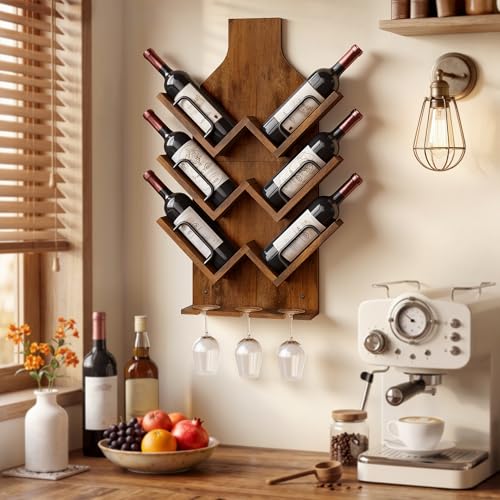 Image of Hoctieon Wine Rack Wall Mounted, 6 Bottles Wood Wine Rack for Display and Storage, Hanging Bottle Holder Bar Shelves for Living Room, Kitchen, Dining Room, Wine Cellar, Rustic Brown