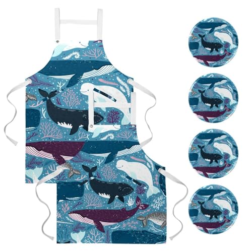 Tablier de cuisine lot de 2 avec broches motif requins multicolores