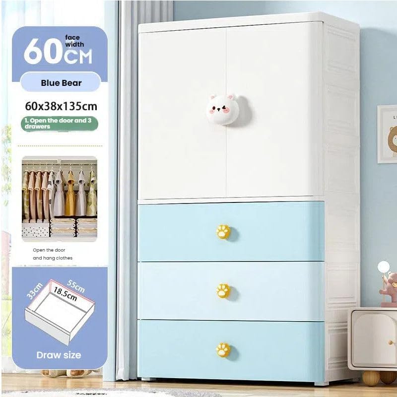 Image of Portable Collapsible Wardrobe for Kids Plastic Storage - Cloth Organizer Cupboard /Multipurpose Storage /Closet for Bedroom /Living Room /Easy to Assemble Room & Home (Blue Bear)