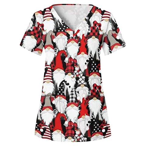 MILONT Women’s Nurses Tunic Uniform Christmas Themed Workwear V Neck Style Short Sleeve Beauty Holiday Working Tops with Pockets, Xmas Tree/Gnome/Santa/Snowman/Pattern Scrub Tops Cover