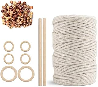 Macrame Cord 3mm x 200m - Macrame Kit with Macrame Rope Rolls, 4-strand Cotton Rope, 6pcs Wood Ring and 2 wooden sticks for Wall Hangings, Plant Hangers, Gift Wrapping and Wedding Decorations (200m)