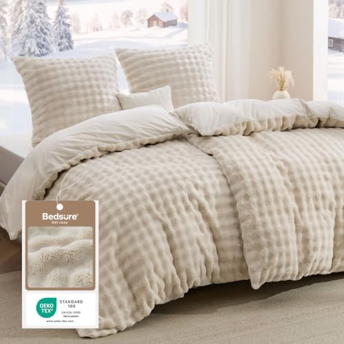 BEDSURE Plüsch Bettwäsche 135x200 4teilig - Creme, 2x80x80 Kissenbezüge | OEKO-TEX, Warme 3D Bubble Winterbettwäsche mit Reißverschluss, Biber-like Kuschelig Weich Flauschig Flanel