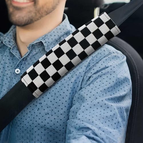 Yumikoo Checkered Seat Belt Pads - Set of 2 Stylish Black and White Seat Belt Cushions for Comfort and Style in Cars and Airplanes (Square Black and White Grid)