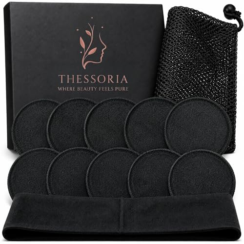 THESSORIA Abschminkpads Waschbar – 10er Set Wiederverwendbare Make‑Up Remover Pads mit Bambusviskose, Stirnband & Waschbeutel, Geschenkset
