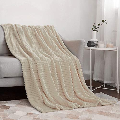 MIULEE Flannel Fleece Throw Blankets Soft Warm Comfortable Throws for Sofa Corduroy Fluffy Blanket Bed Throw for Bedroom Couch Travel Kids Bedroom Accessories 65x82Inch Cream - Image 4