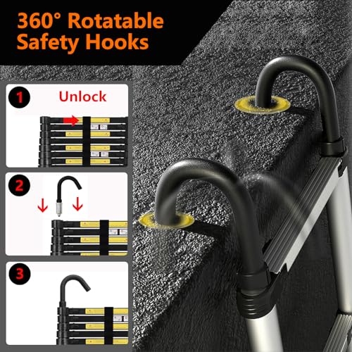 Dajianglx 15.5FT Telescoping Ladder, Aluminum Extension Ladder with Hooks & 2 Triangle Stabilizers, 330lbs Capacity, Non-Slip Feet Collapsible Ladder for Home, Outdoor Work, Black - Image 4