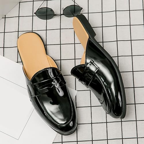 Men's Patent Leather Low Heel Mules Fashion Round Toe Backless Slip-On Flat Penny Male Loafers for Business Work Dress Mules Slippers4