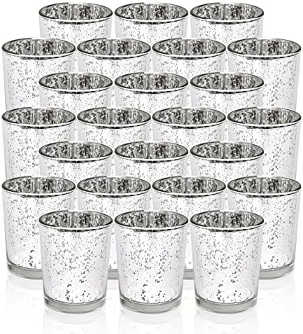 FREDOM Silver Votive Candle Holders Set of 24 Glass Votive Candle Holders Bulk 2.56Inch Tea Lights Candle Holder for Table Centerpiece