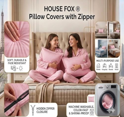 Image of HOUSE FOX Zipper Cotton Pillow Covers /Cases /Protectors (NOT Pillow) Set of 2 Pair Or 4 Pcs,Size -18x28inch with Zip /Chain (Baby Pink Striped, Standard)