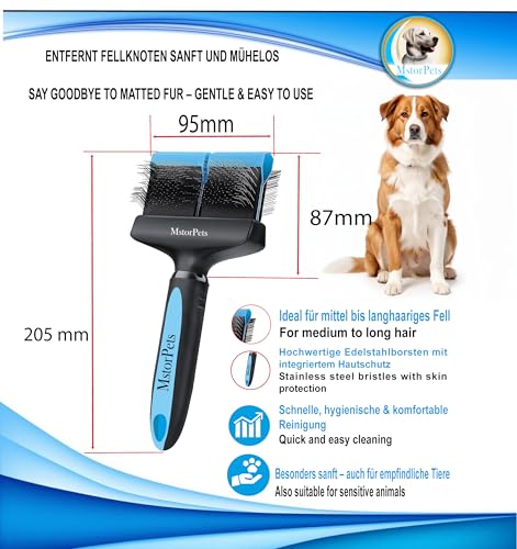 MstorPets Professionelle Zupfbürste für Hunde und Katzen mit Schutznoppen - Entfernt sanft Unterwolle, Verfilzungen & Knoten - Langhaarige Hundebürste und Pudelbürste für die tägliche Fellpflege