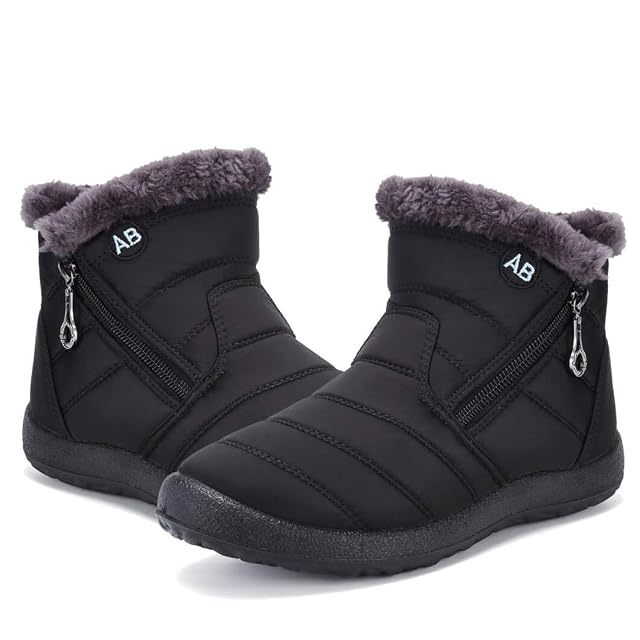 Womens Snow Boots Winter Fur Lined Ankle Boots Ladies Side Zipper Warm Lightweight Booties Outdoor Anti-Slip Girls Walking