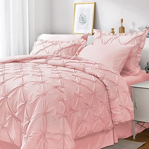 JOLLYVOGUE Pink Cal King Size Comforter Sets 7 Pieces,Pintuck Bed in a Bag Comforter Set for Bedroom, Bedding Comforter Sets with Comforter, Sheets,Ruffled Shams & Pillowcases