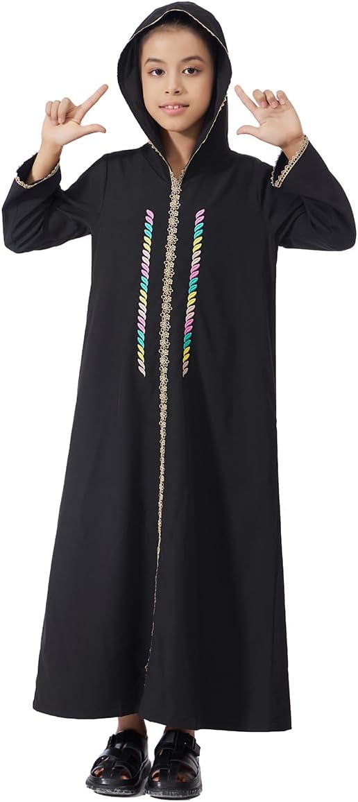 Kids Girls Abaya Muslim Long Sleeve Hooded Lace Embroidered Prayer Dress Arabic Kaftan Dubai Islamic Dresses