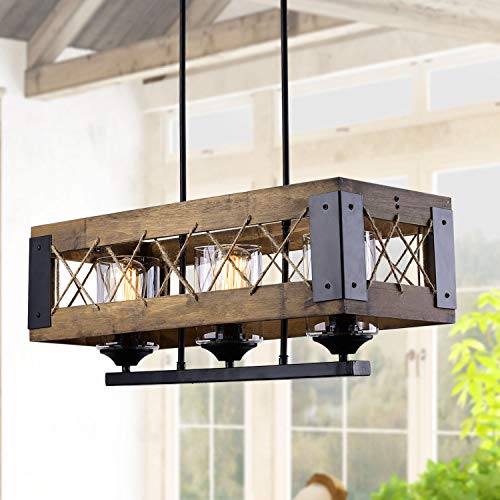 Kitchen Island Lighting, 3-Light Farmhouse Chandelier with Glass Shades, 24" Wood Rectangular Chandelier for Dining Room Kitchen Island Lighting, 3-Light Farmhouse Chandelier with Glass Shades, 24" Wood Rectangular Chandelier for Dining Room