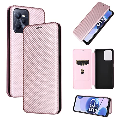Luxury Carbon Fiber flip Cover Oppo Realme C35 Realme C 35 Phone Cases Lanyard Stand Wallet Card Slots Holder Accessories Realme C35 Leather case (Rose Gold,Oppo Realme C35)